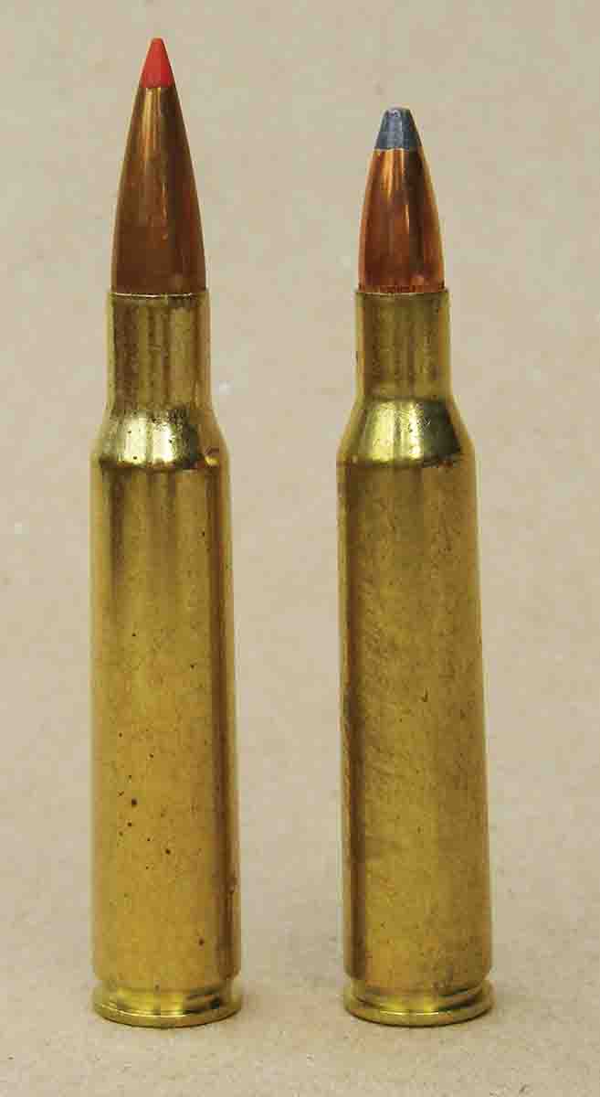 The .257 Roberts (right) is based on a necked down 7x57 Mauser case (left).